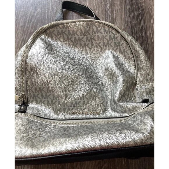 Michael Kors Mini Backpack MK Signature Women’s Leather Black Metallic Silver - Picture 13 of 16